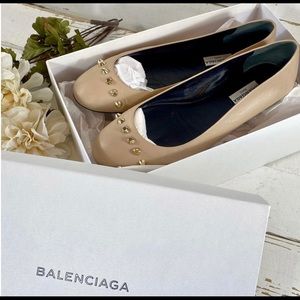 Balenciaga Nude light pink Leather Gold Studded Flats